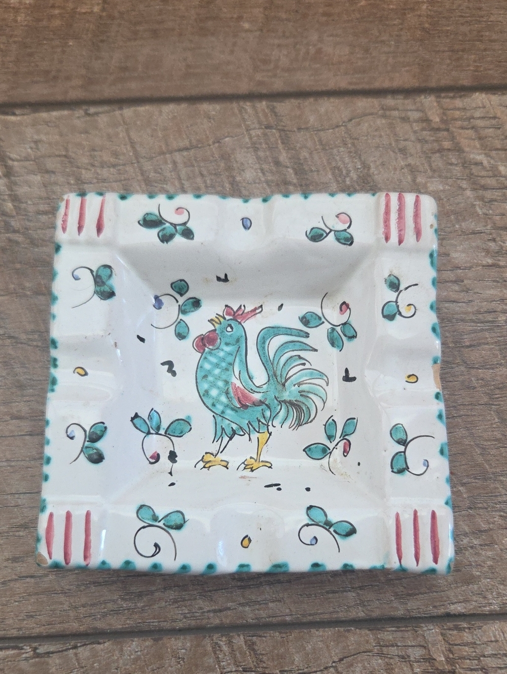 Vintage Hand Painted Green Rooster Ashtray/Trinket Dish-Ceramic-L.P.W Italy